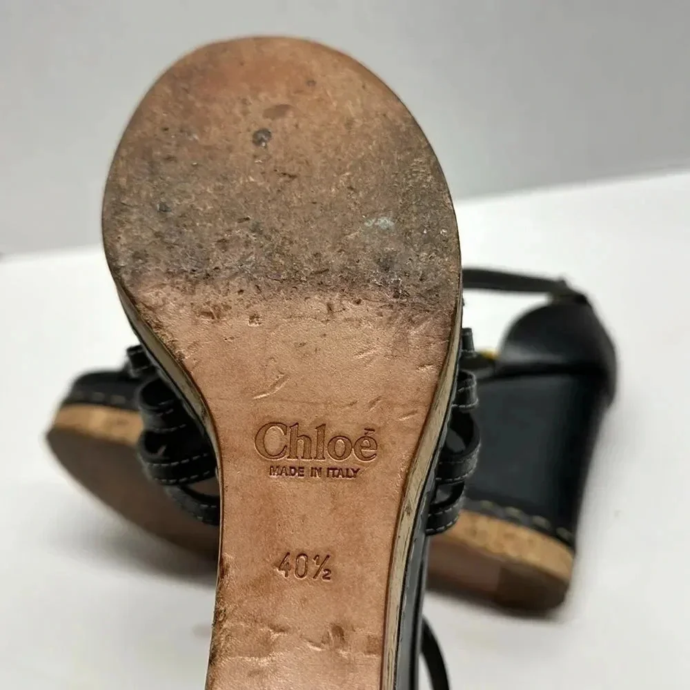 Chloe Marcie Wedges Leather T-Strap Platform High Heel Sandals Black Size 40.5